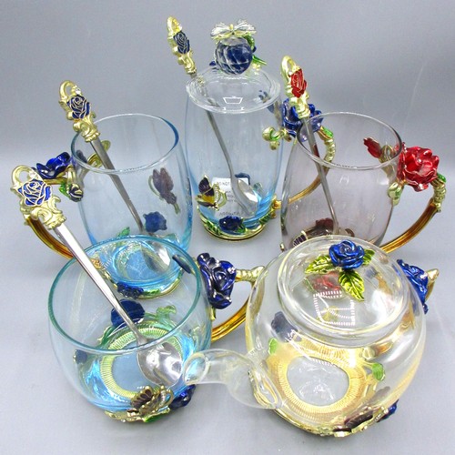792 - Floral & butterfly-encrusted glassware comprising blooming teapot with cover, 32cl coffee mug & thre... 