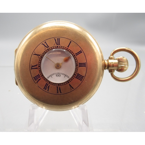 Vertex 9ct gold keyless half hunter pocket watch, signed white enamel Roman dial with subsidiary seconds, engraved A.L.D. Vertex case with hinged case back no. 640728, Birmingham 1937, Vertex Swiss Made 15 jewel movement, gross weight 85.6g, D49.2mm