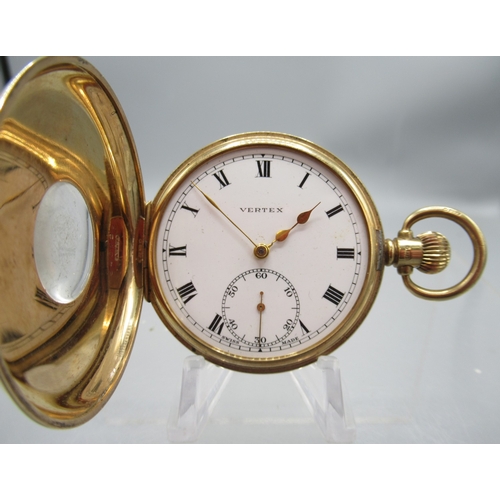 261 - Vertex 9ct gold keyless half hunter pocket watch, signed white enamel Roman dial with subsidiary sec... 
