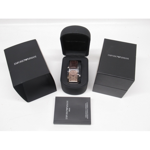 268 - Emporio Armani chrome quartz tank wristwatch on original brown leather strap with signed buckle, sig... 