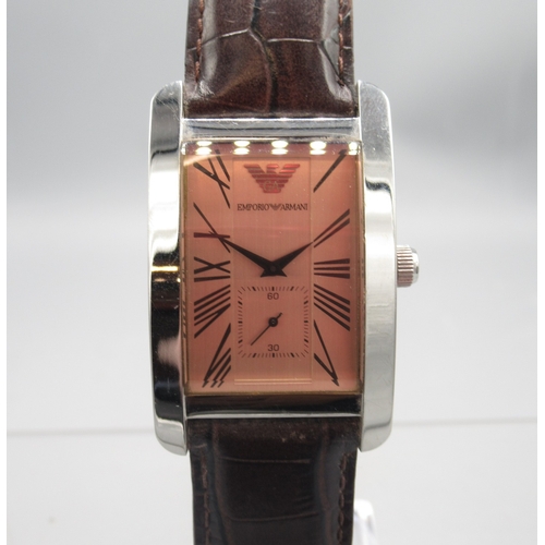 268 - Emporio Armani chrome quartz tank wristwatch on original brown leather strap with signed buckle, sig... 