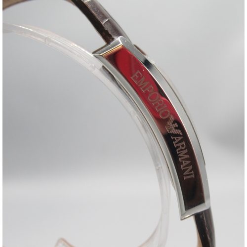 268 - Emporio Armani chrome quartz tank wristwatch on original brown leather strap with signed buckle, sig... 