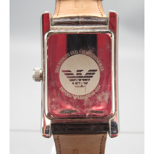 268 - Emporio Armani chrome quartz tank wristwatch on original brown leather strap with signed buckle, sig... 