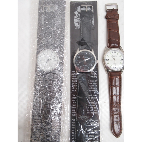 270 - Three Eiger chrome quartz wristwatches, D41.3mm; ladies quartz wristwatches Timex, Yves Rocher, Solo... 