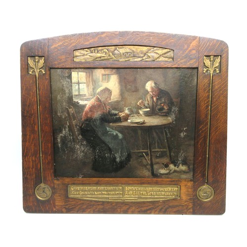 After Henry John Dobson ARCA RSW (British, 1858–1928) colour print of a couple sharing a frugal meal; presented in Arts & Crafts oak picture frame with distinctive grain & inset gilt plaster mounts depicting Robert Burns' cottage in Ayrshire vignette, stylised thistles embossed to the side panels & Selkirk Grace poem below 'Some hae meat and canna eat, And some wad eat that want it, But we hae meat and we can eat, Sae let the Lord be Thankit!'; approx. W 47.5cm x H 37cm; Dobson was a genre painter, training at Trustees Academy School of Design, Edinburgh & The Royal Scottish Academy; he depicted subjects from Scottish daily life, often with an emphasis on sentimental incidents, Qty. 1