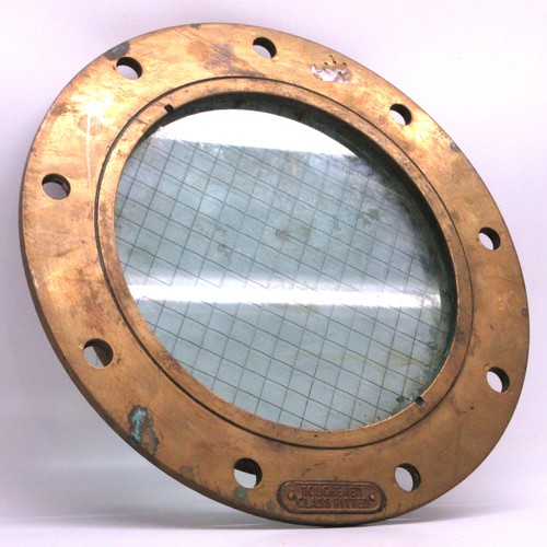 693 - Salvaged brass ship's porthole/side scuttle of typical, rounded, heavy cast construction featuring t... 