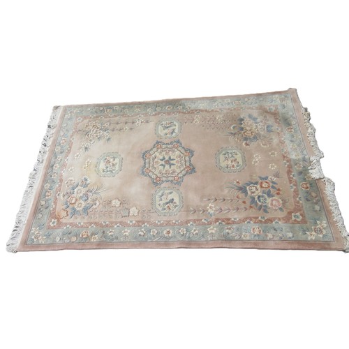 407 - Chinese wool rug, with birds and flowers in panels in striped border, with fringe, W280 D180cm

Ship... 