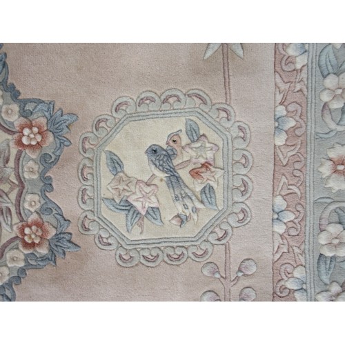 407 - Chinese wool rug, with birds and flowers in panels in striped border, with fringe, W280 D180cm

Ship... 