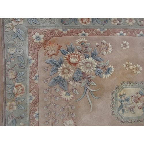 407 - Chinese wool rug, with birds and flowers in panels in striped border, with fringe, W280 D180cm

Ship... 