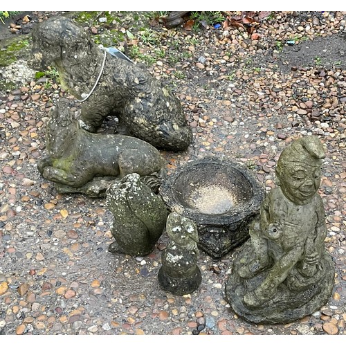 898 - Four cast stone garden figures of animals, a gnome and a small bird bath H33cm

Bradley's shipping P... 