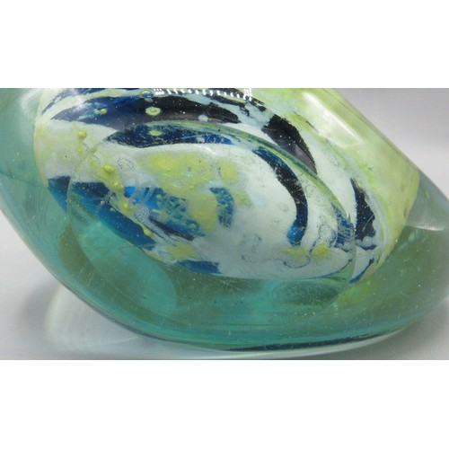 880 - Mdina glassware, fish vase, in the manner of Micheal Harris, green and blue cased vase, incised 'Mdi... 
