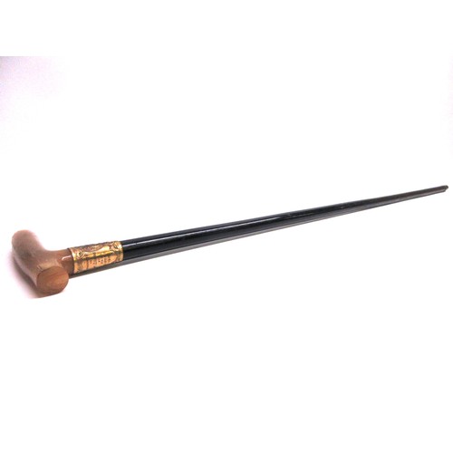 695 - George V WWI solid ebony L-shaped walking stick with hallmarked 18kt rolled gold collar by Henry Per... 