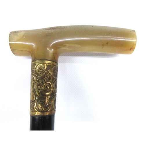 695 - George V WWI solid ebony L-shaped walking stick with hallmarked 18kt rolled gold collar by Henry Per... 