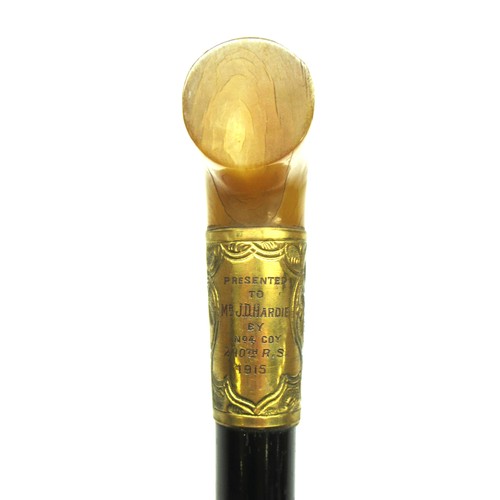 695 - George V WWI solid ebony L-shaped walking stick with hallmarked 18kt rolled gold collar by Henry Per... 