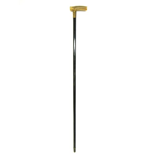 695 - George V WWI solid ebony L-shaped walking stick with hallmarked 18kt rolled gold collar by Henry Per... 