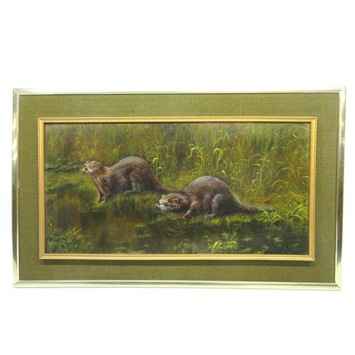 705 - Tiplady (British Contemporary) wildlife oil painting on board depicting a pair/romp of otters by the... 