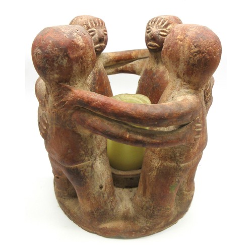 707 - Mexican folk art terracotta sculpture/decorative object for use as a candle/copal holder featuring r... 