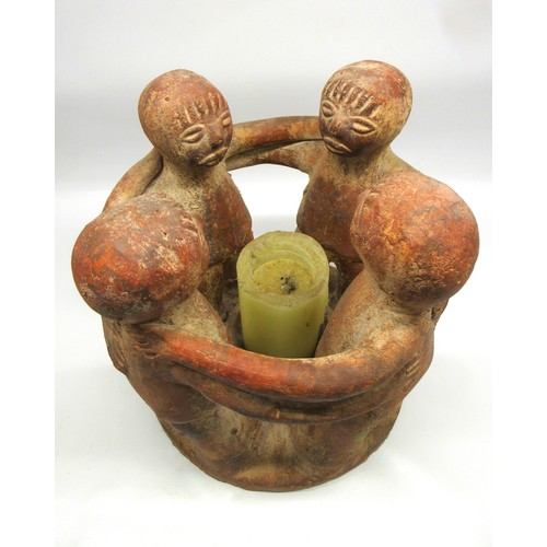 707 - Mexican folk art terracotta sculpture/decorative object for use as a candle/copal holder featuring r... 
