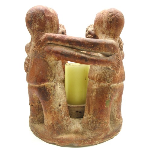 707 - Mexican folk art terracotta sculpture/decorative object for use as a candle/copal holder featuring r... 