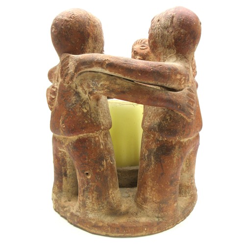 707 - Mexican folk art terracotta sculpture/decorative object for use as a candle/copal holder featuring r... 