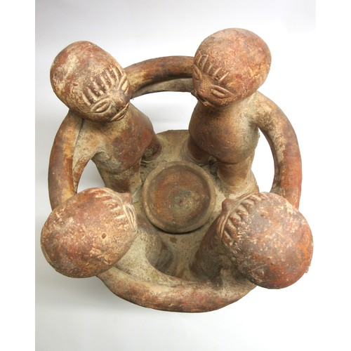 707 - Mexican folk art terracotta sculpture/decorative object for use as a candle/copal holder featuring r... 