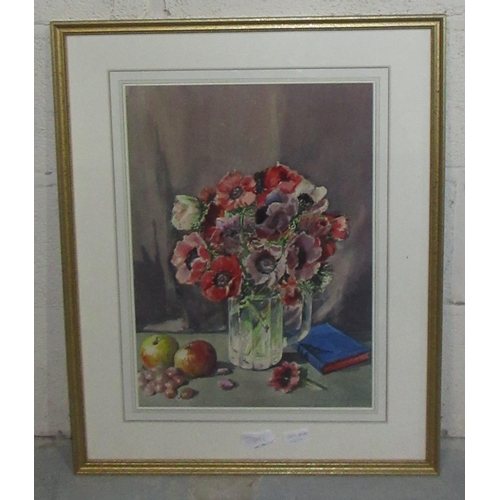 408 - T. Collings (British C20th); Still life study of flowers in a glass mug with fruit and a book on a t... 