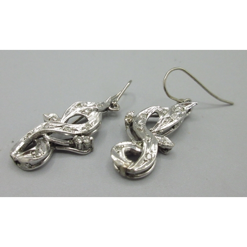 24 - Pair of silver drop twist earrings set with diamonds, marks unclear, 6.6g, L4cm  Bradley's shipping ... 