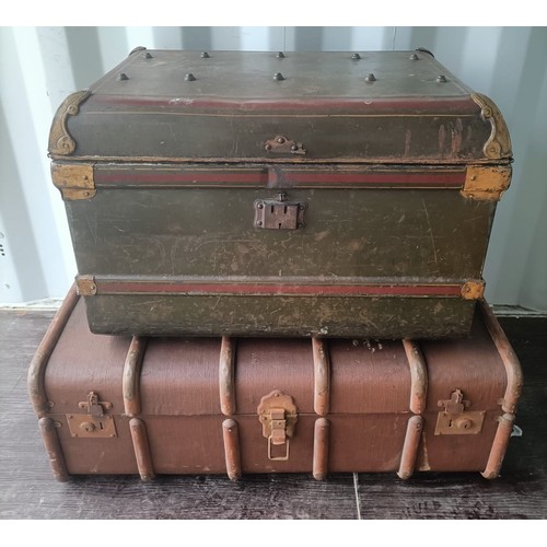 389 - Two trunks: One green metal with red stripe and brass corner detailing. One wood 