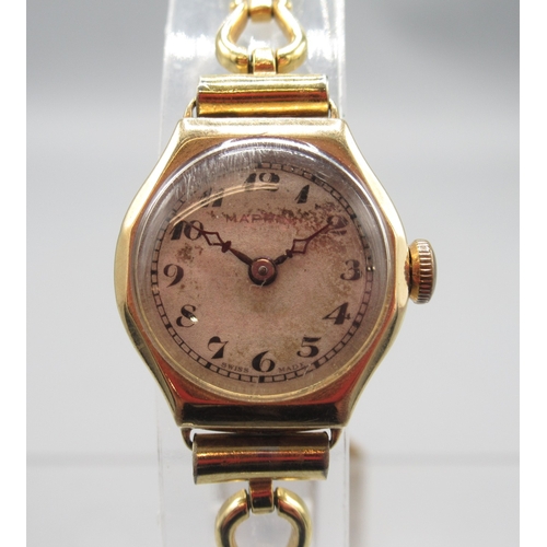 323 - Mappin ladies 9ct gold wristwatch on later gold plated fancy link bracelet, signed silver Arabic dia... 