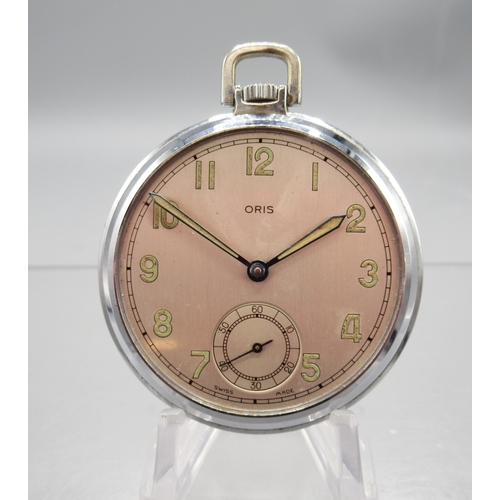 612 - Oris chrome keyless pocket watch, signed silver brushed Arabic dial with subsidiary seconds, signed ... 