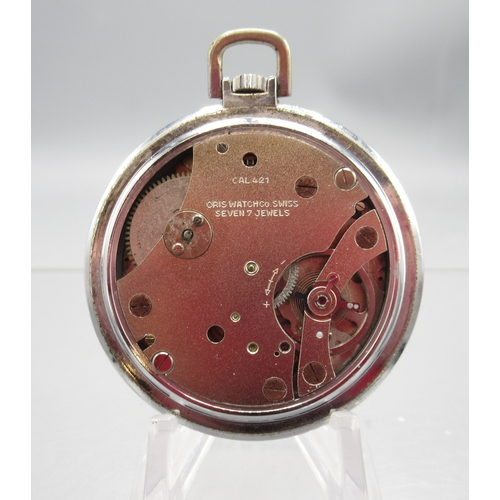 612 - Oris chrome keyless pocket watch, signed silver brushed Arabic dial with subsidiary seconds, signed ... 