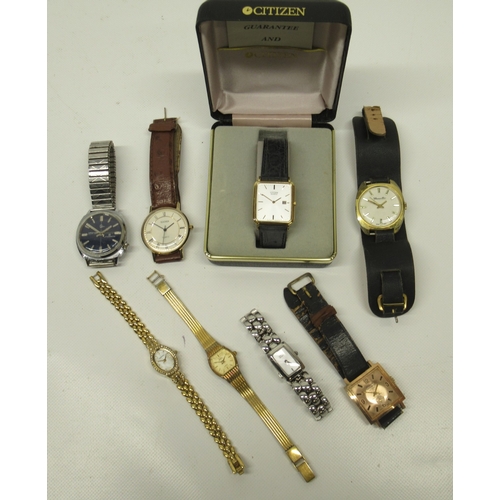 613 - Citizen gold plated quartz tank wristwatch with date, signed silver dial with baton indices, engrave... 