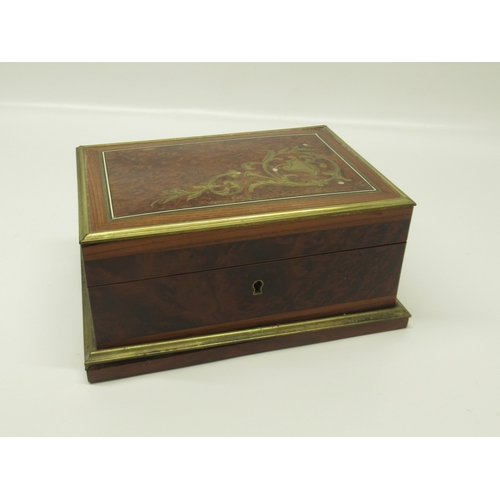 80A - Early 20th Century amboyna brass bound jewellery box, top with inlaid engraved foliate motif, waterm... 