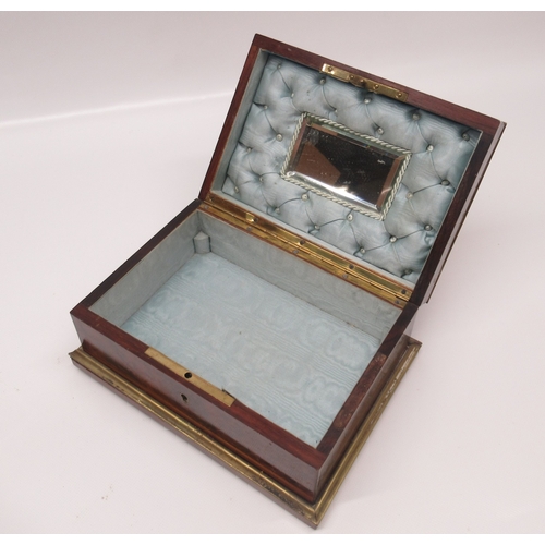 80A - Early 20th Century amboyna brass bound jewellery box, top with inlaid engraved foliate motif, waterm... 