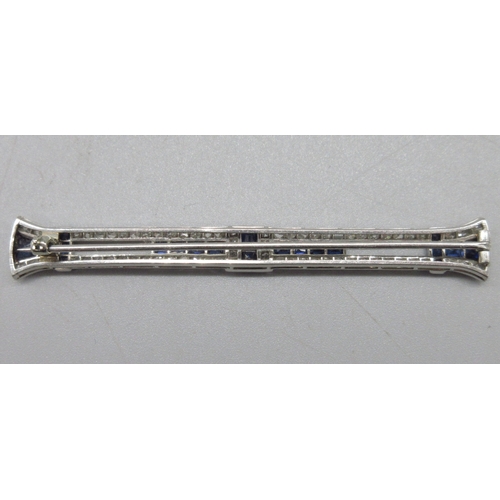  House of Marchak Art Deco diamond and sapphire bar brooch mounted in white metal, calibre cut sapphi... 