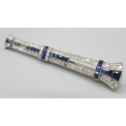  House of Marchak Art Deco diamond and sapphire bar brooch mounted in white metal, calibre cut sapphi... 