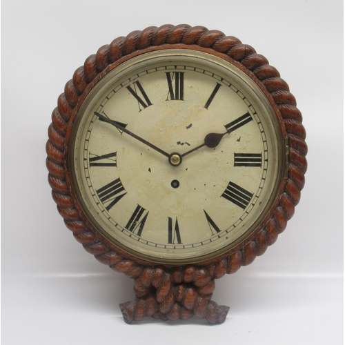 251 - 19th Century 8 day oak dial wall clock/timepiece, carved rope twist case with brass bezel enclosing ... 