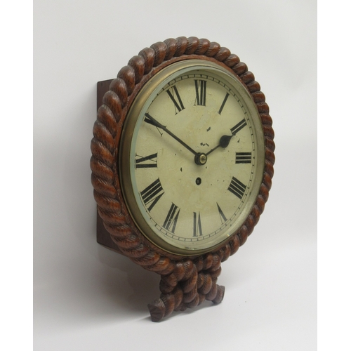 251 - 19th Century 8 day oak dial wall clock/timepiece, carved rope twist case with brass bezel enclosing ... 