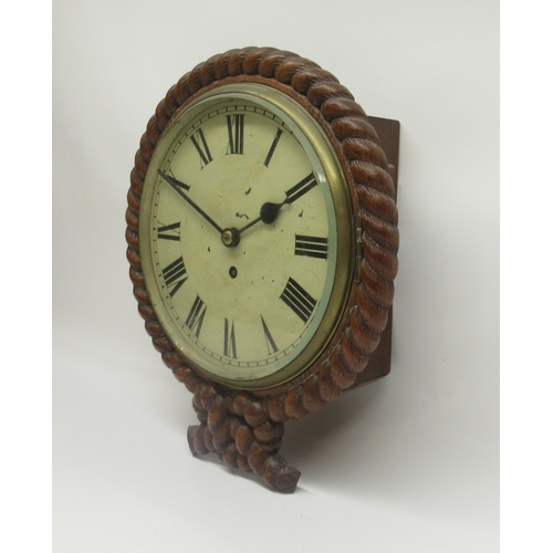 251 - 19th Century 8 day oak dial wall clock/timepiece, carved rope twist case with brass bezel enclosing ... 