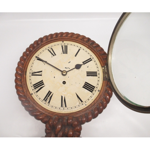 251 - 19th Century 8 day oak dial wall clock/timepiece, carved rope twist case with brass bezel enclosing ... 