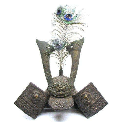 709 - Selection of decorative Japanese articles comprising samurai kabuto ornamental cast metal helmet fea... 