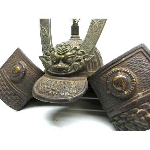 709 - Selection of decorative Japanese articles comprising samurai kabuto ornamental cast metal helmet fea... 