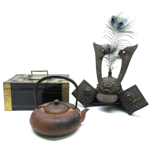 709 - Selection of decorative Japanese articles comprising samurai kabuto ornamental cast metal helmet fea... 