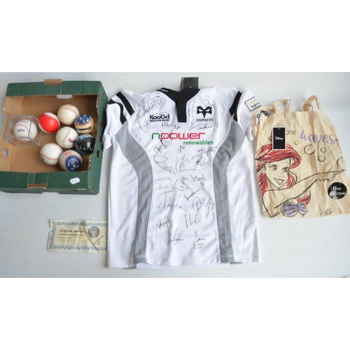 158 - Eight baseballs, a signed Osprey's rugby team shirt 2007-8 with CoA from Authentic Signatures and a ... 