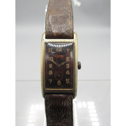 242 - Roamer plated and stainless steel tank case wristwatch on period leather strap, signed black Arabic ... 