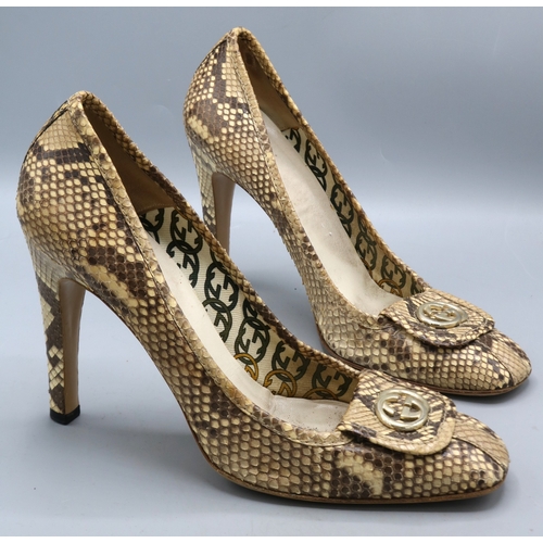 Pair of Gucci beige python GG square toe heeled shoes, size 39C ...