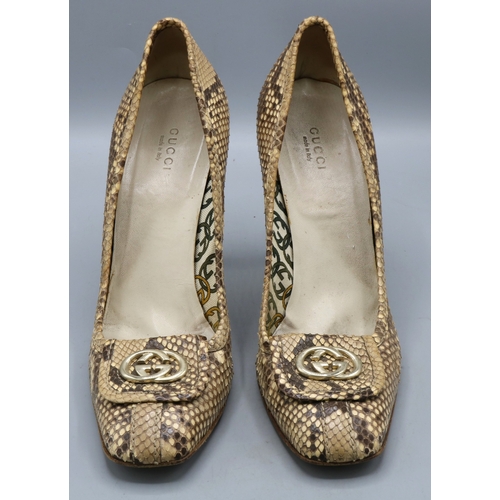 Pair of Gucci beige python GG square toe heeled shoes, size 39C ...