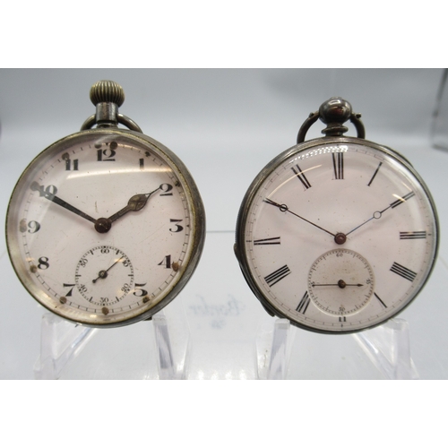 233 - Swiss silver keyless pocket watch, white enamel Arabic dial with subsidiary seconds, hinged case bac... 