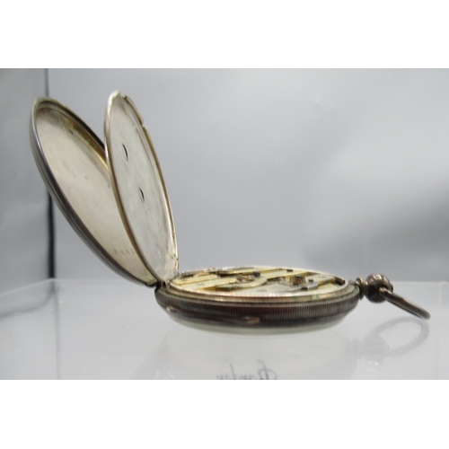 233 - Swiss silver keyless pocket watch, white enamel Arabic dial with subsidiary seconds, hinged case bac... 