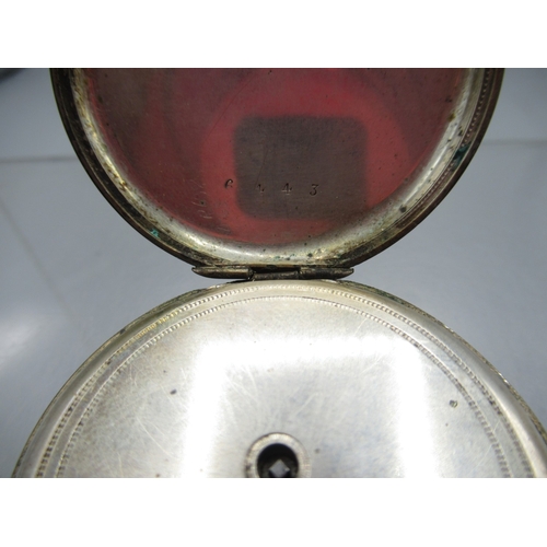 233 - Swiss silver keyless pocket watch, white enamel Arabic dial with subsidiary seconds, hinged case bac... 